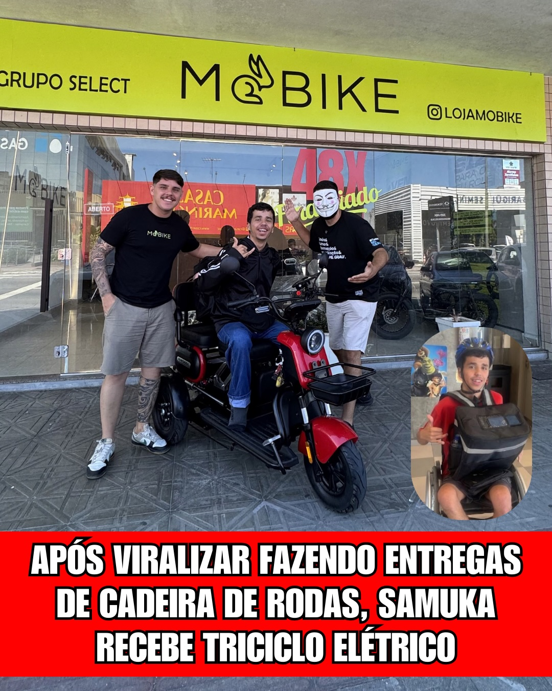 APÓS VIRALIZAR FAZENDO ENTREGAS DE CADEIRA DE RODAS, SAMUKA RECEBE TRICICLO ELÉTRICO