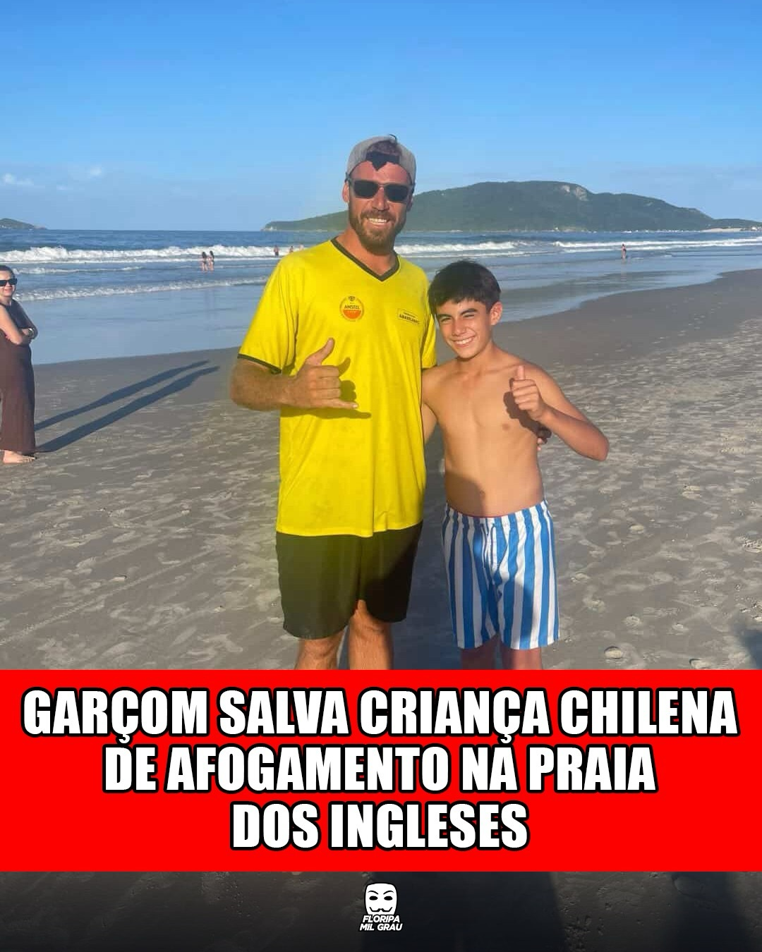 GARÇOM SALVA CRIANÇA CHILENA DE AFOGAMENTO NA PRAIA DOS INGLESES