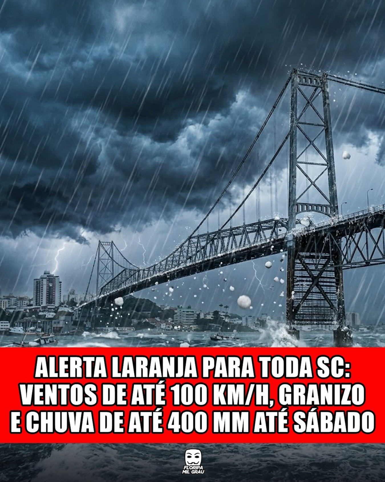 ALERTA LARANJA PARA TODA SC: VENTOS DE ATÉ 100 KM/H, GRANIZO E CHUVA DE ATÉ 400 MM ATÉ SÁBADO