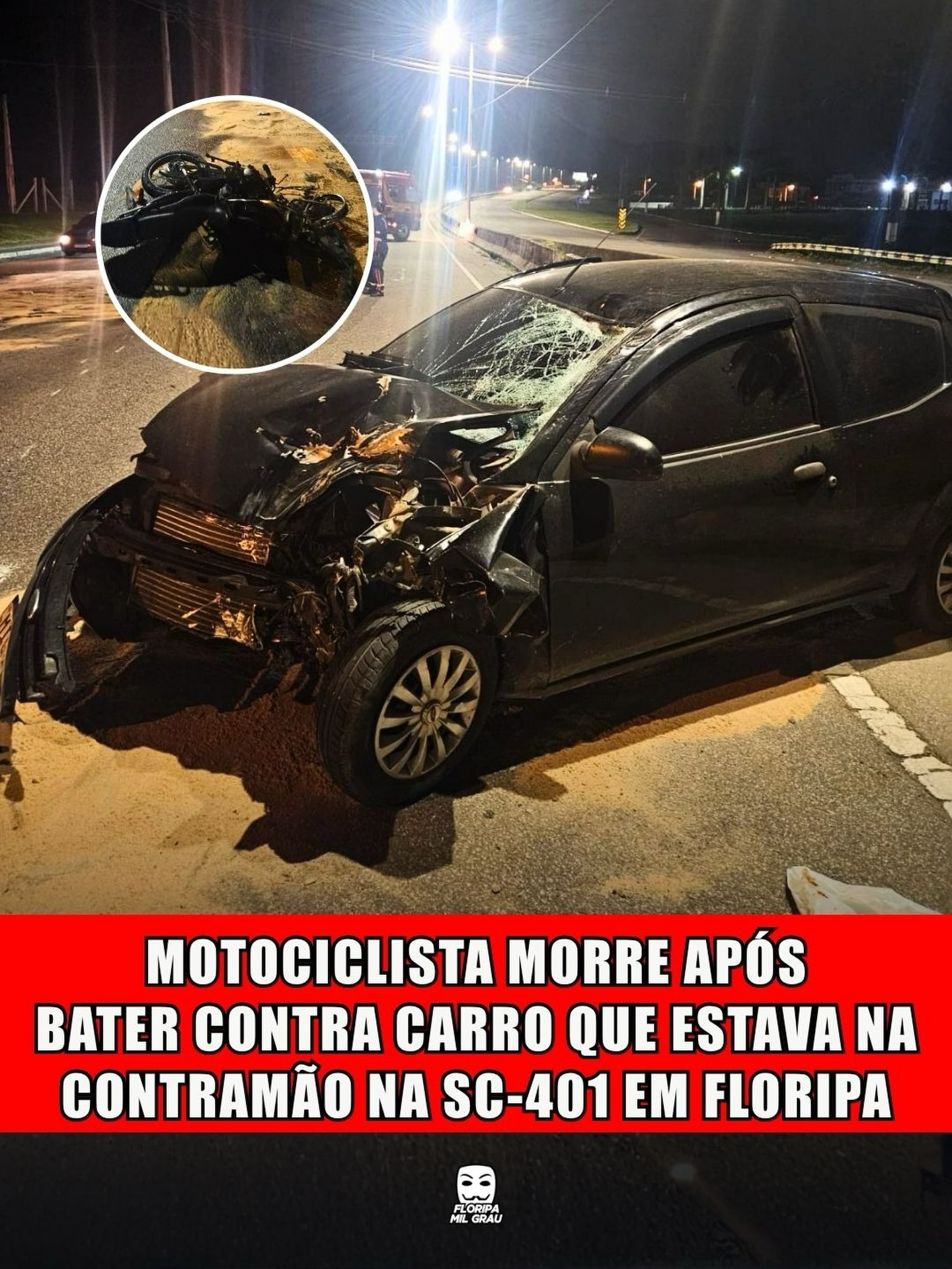MOTOCICLISTA MORRE APÓS BATER CONTRA CARRO QUE ESTAVA NA CONTRAMÃO NA SC-401 EM FLORIPA