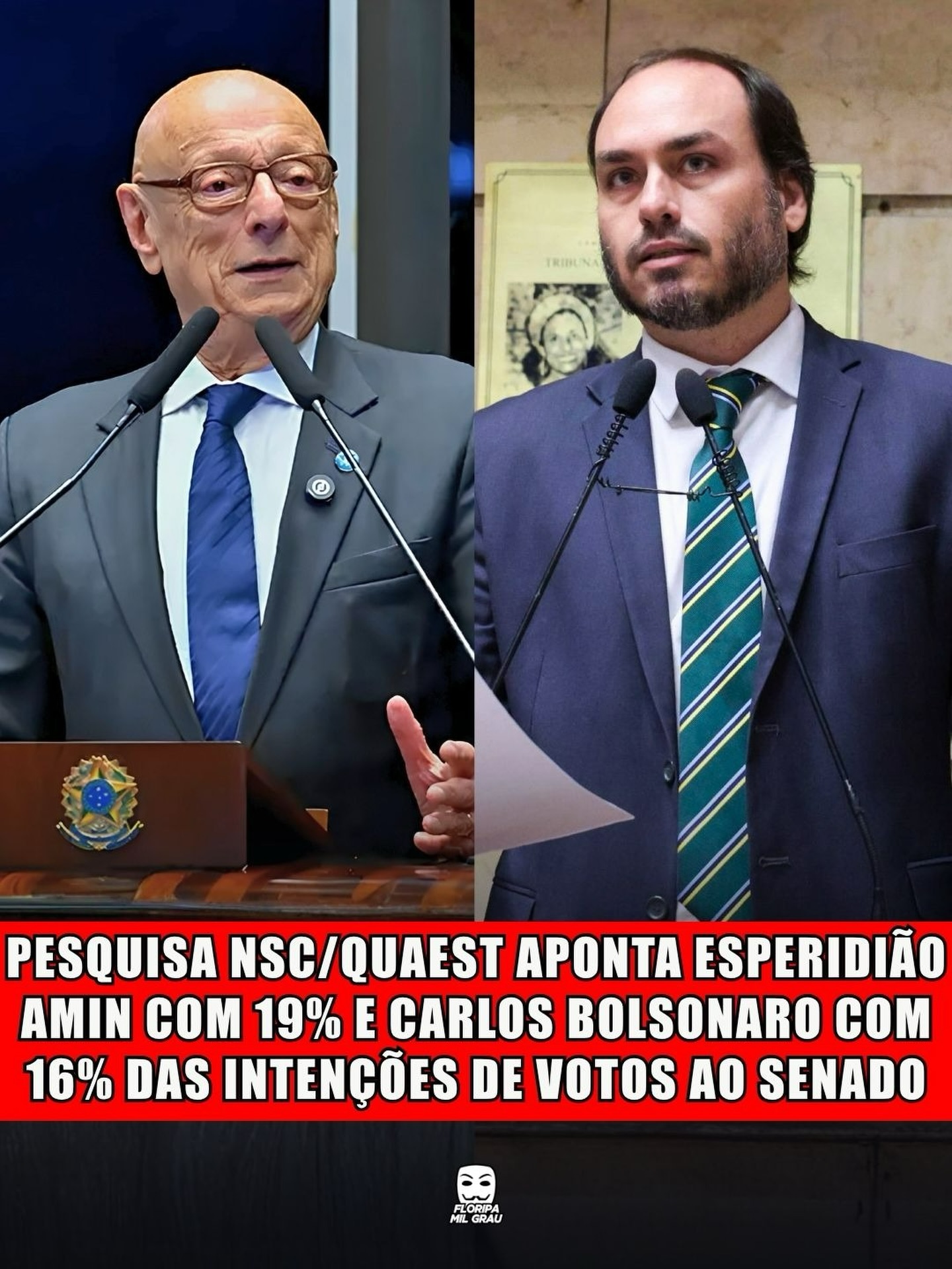 PESQUISA NSC/QUAEST APONTA ESPERIDIÃO AMIN COM 19% E CARLOS BOLSONARO COM 16% DAS INTENÇÕES DE VOTOS AO SENADO