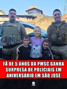 FÃ DE 5 ANOS DA PMSC GANHA SURPRESA DE POLICIAIS EM ANIVERSÁRIO EM SÃO JOSÉ