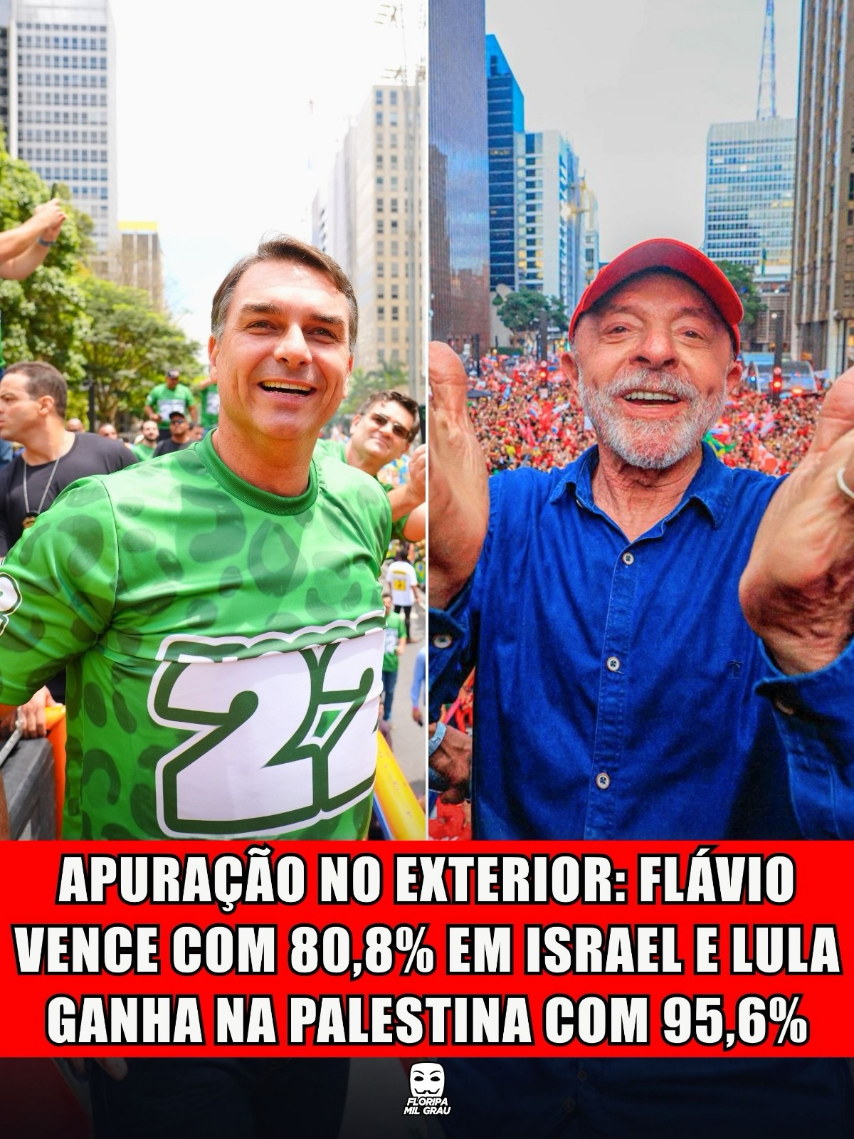 APURAÇÃO NO EXTERIOR: FLÁVIO VENCE COM 80,8% EM ISRAEL E LULA GANHA NA PALESTINA COM 95,6%